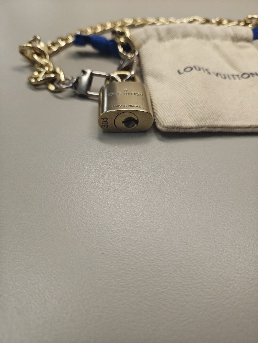Louis Vuitton Gold Padlock With Chain and Blue Drawstring Pouch #303 - Picture 3 of 5
